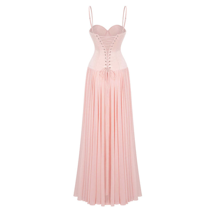 Maxi dress with a back tie for a cinched waist, chiffon skirt, and satin embellishments – Kaia