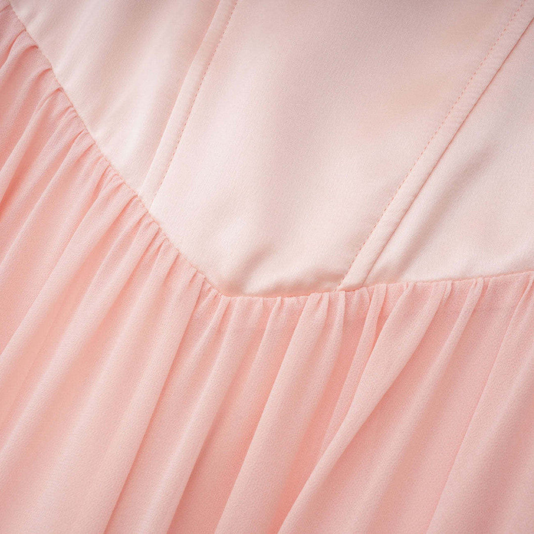 Maxi dress with a back tie for a cinched waist, chiffon skirt, and satin embellishments – Kaia