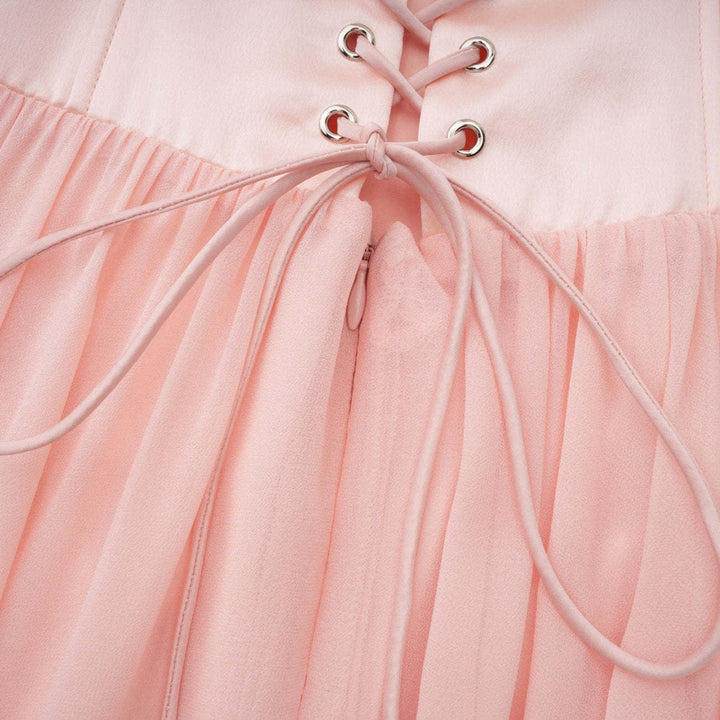 Maxi dress with a back tie for a cinched waist, chiffon skirt, and satin embellishments – Kaia