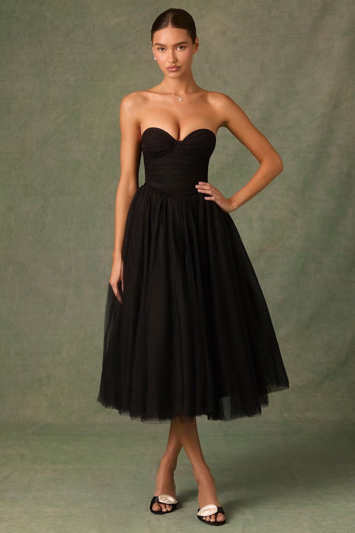Strapless A-Line Midi Tulle Dress - LINI