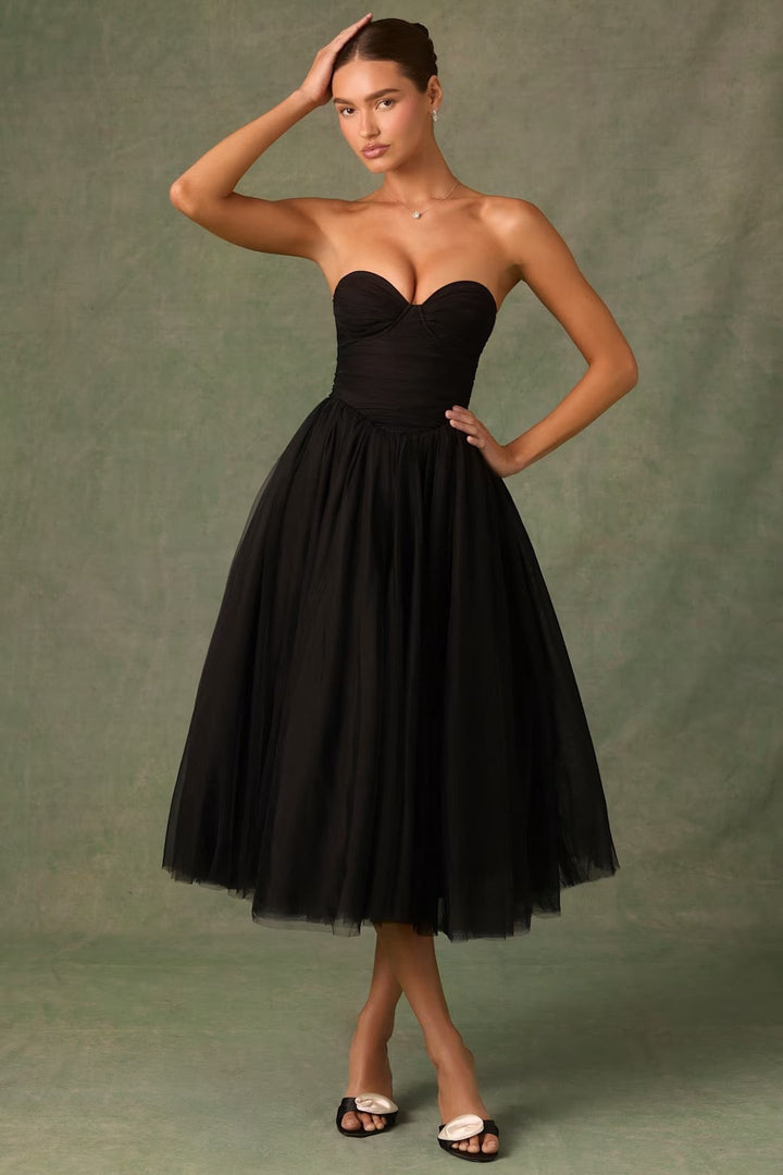 Strapless A-Line Midi Tulle Dress - LINI