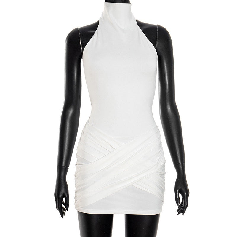 Open back halter mini dress with cross pleats design - Shelly