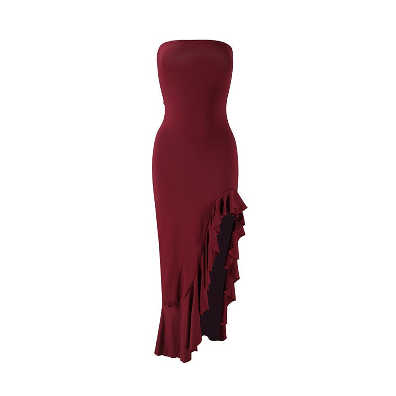Strapless ruffled maxi dress with a slit design – Rona
