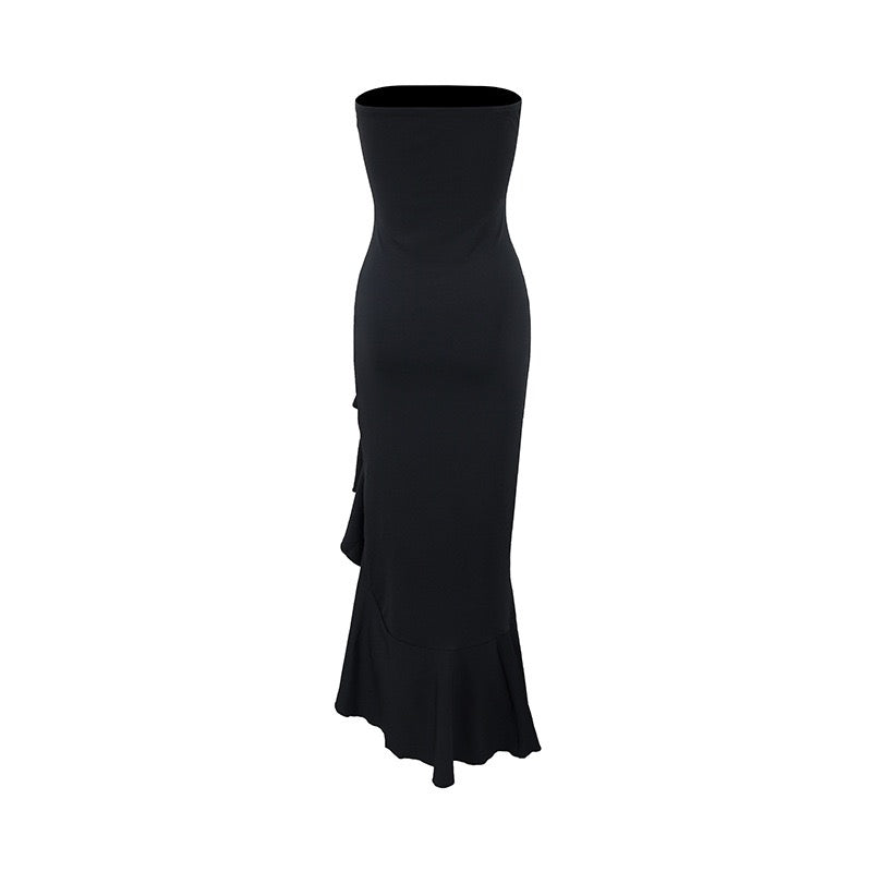 Strapless ruffled maxi dress with a slit design – Rona