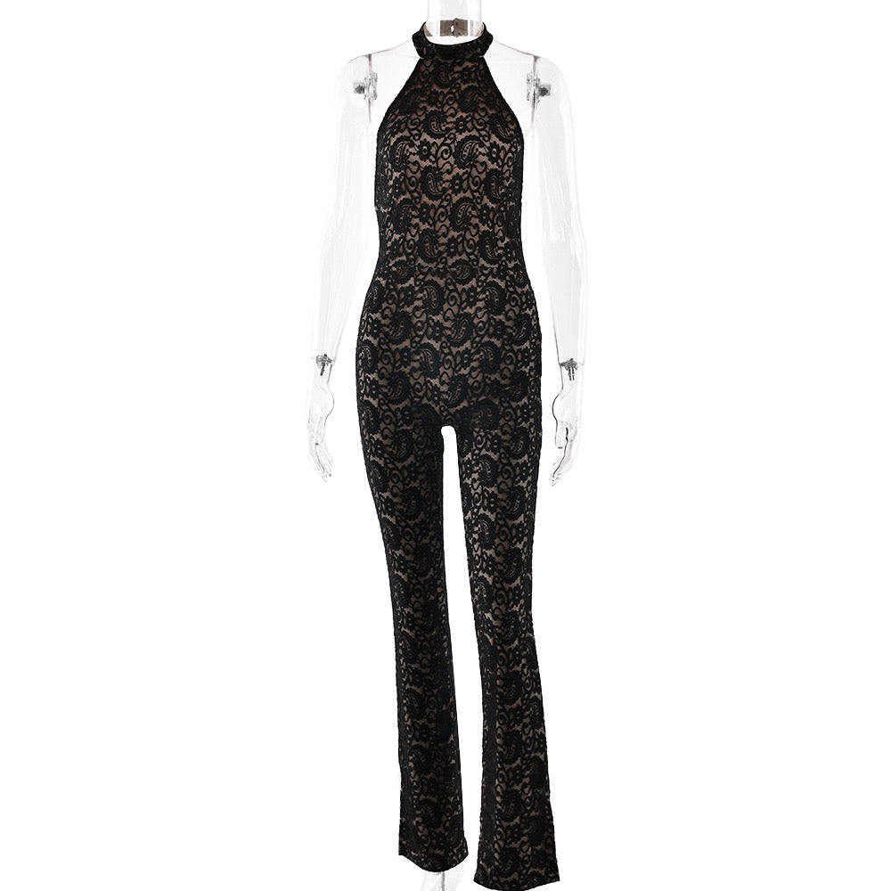 Long opaque lace jumpsuit with a halter neckline and open-back design - Sial
