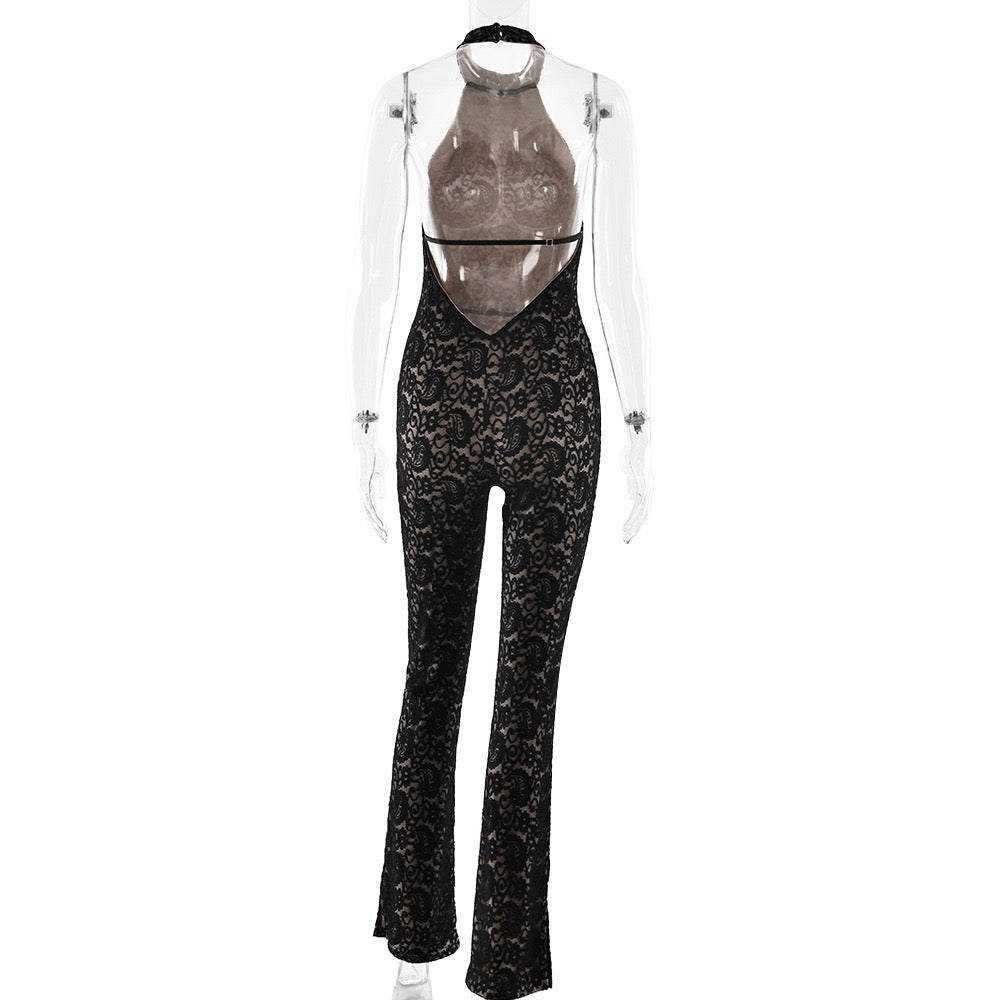 Long opaque lace jumpsuit with a halter neckline and open-back design - Sial