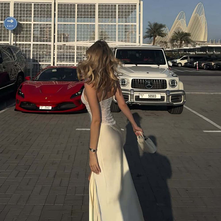 Satin maxi dress with a slit and lace design - Amori