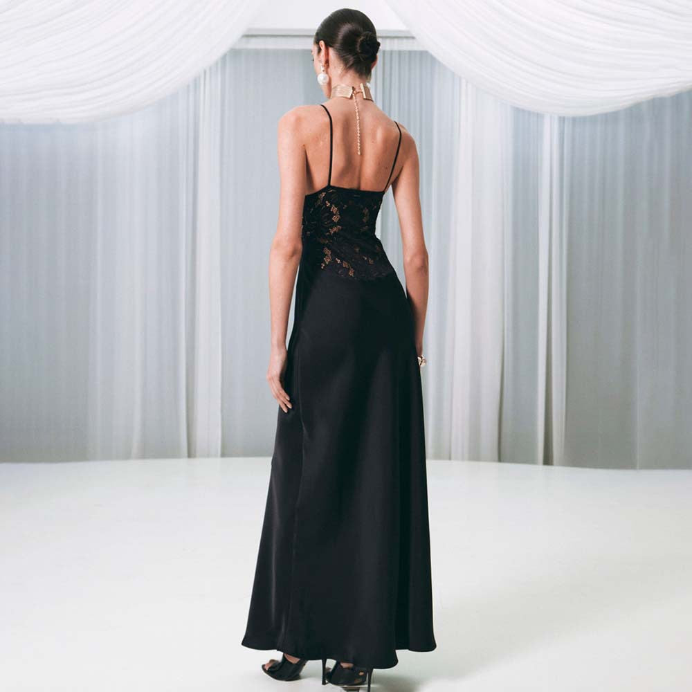 Satin maxi dress with a slit and lace design - Amori