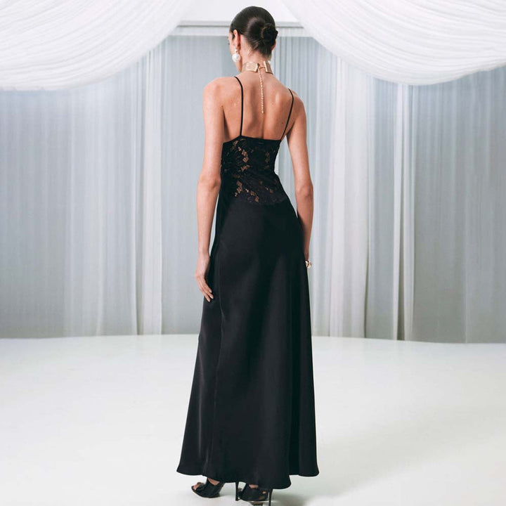 Satin maxi dress with a slit and lace design - Amori