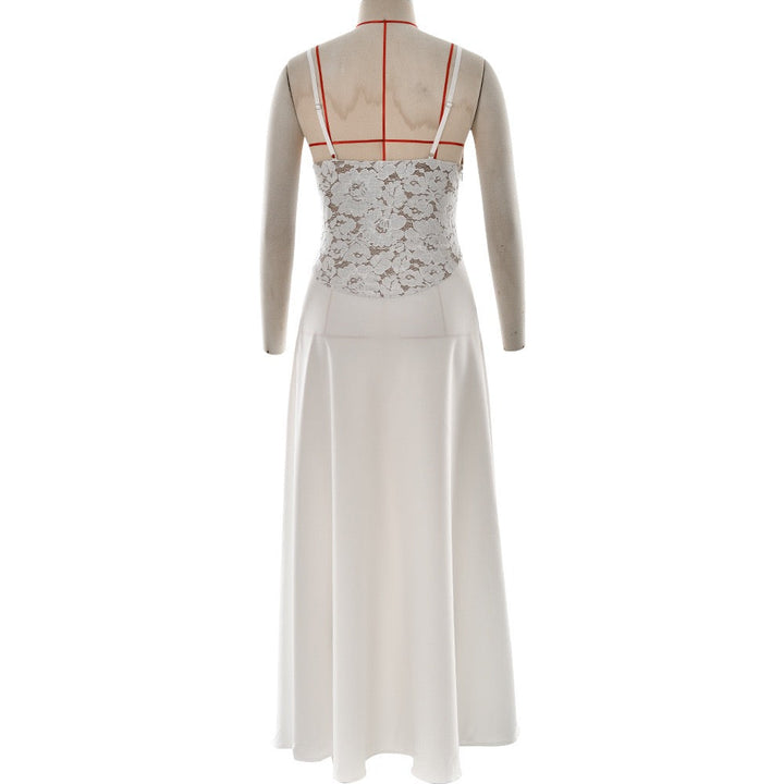 Satin maxi dress with a slit and lace design - Amori