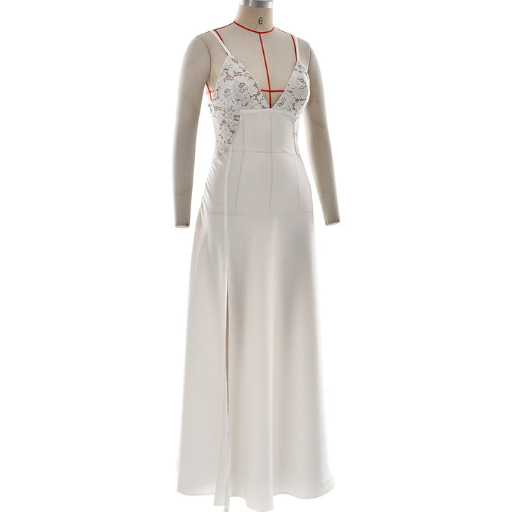 Satin maxi dress with a slit and lace design - Amori
