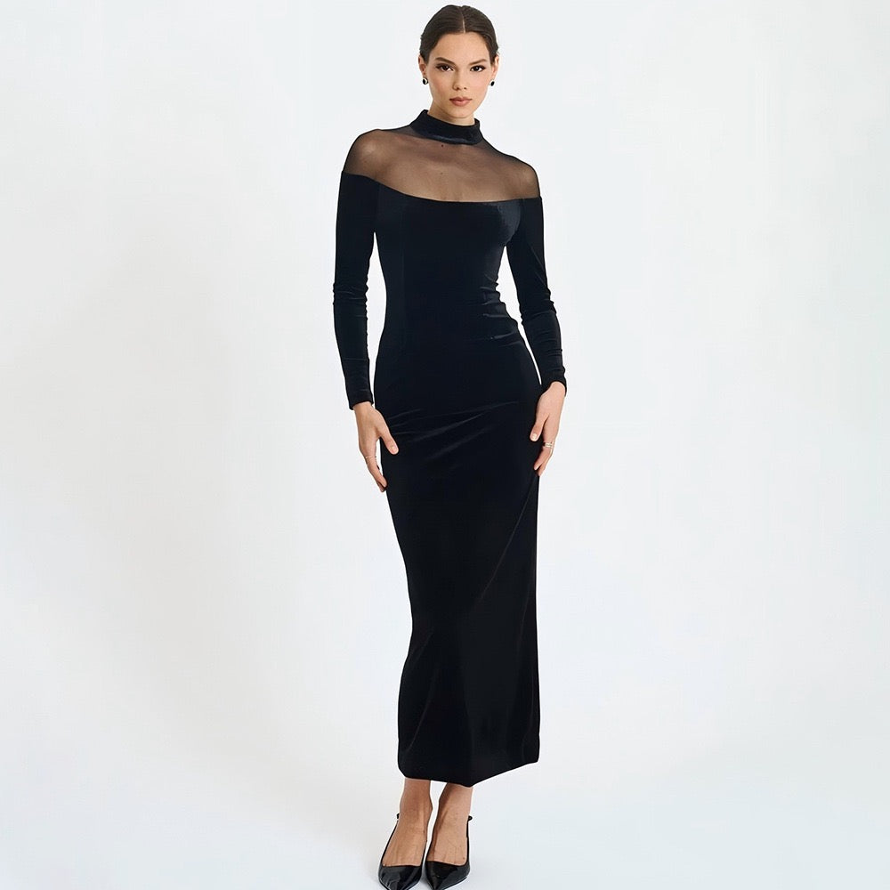 Elegant velvet maxi dress in chiffon design - Michaela