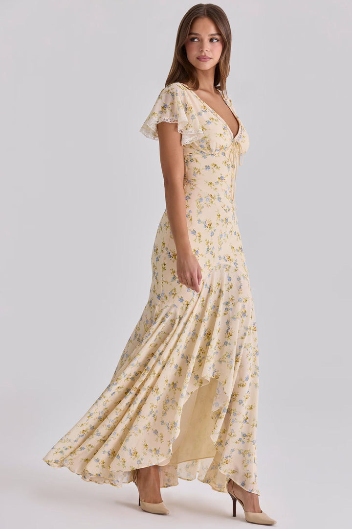 Floral satin maxi dress with lace trim - FLORIE