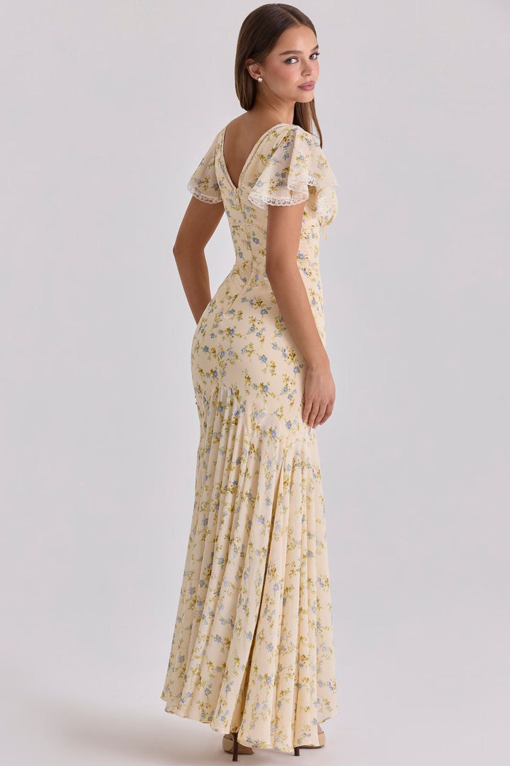 Floral satin maxi dress with lace trim - FLORIE