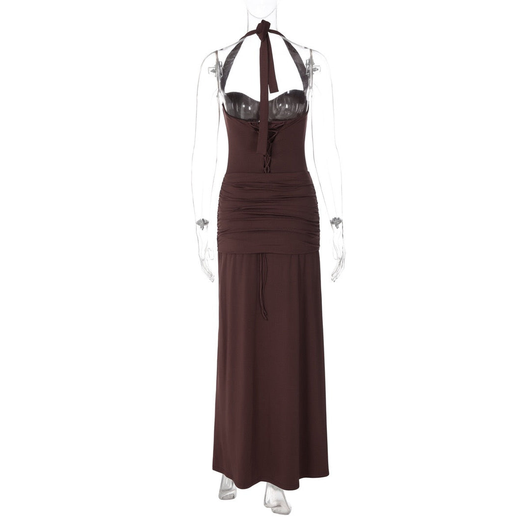 Maxi dress with a neck tie and open back – YALI