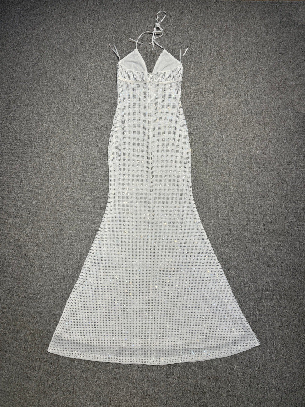 Maxi dress with sparkling rhinestone embellishments and a bow - DIAMON