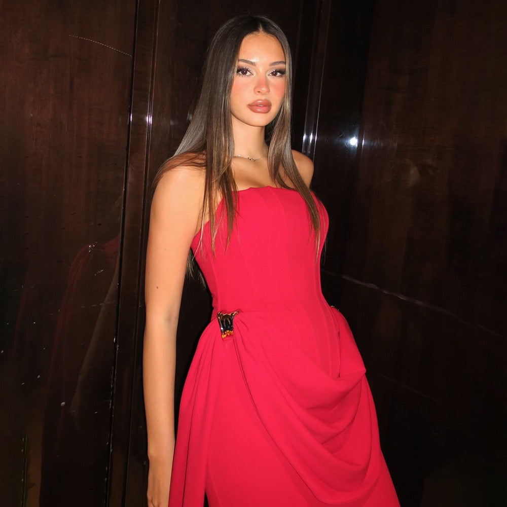 Strapless maxi dress with corset design and pleats decorated with tassels - Fleece