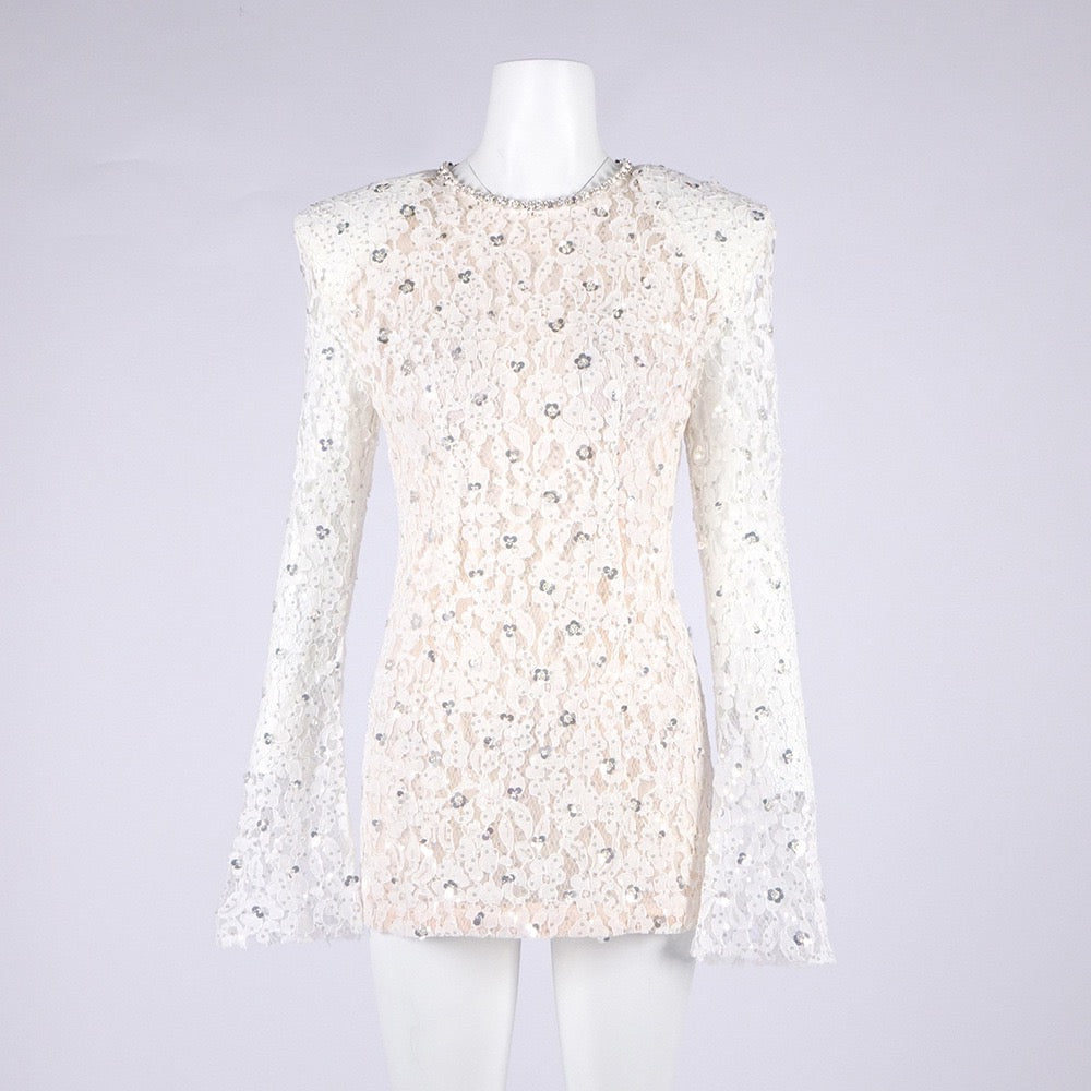 Lace mini dress with sequin and rhinestone embellishments and a chiffon train - MAXIMA