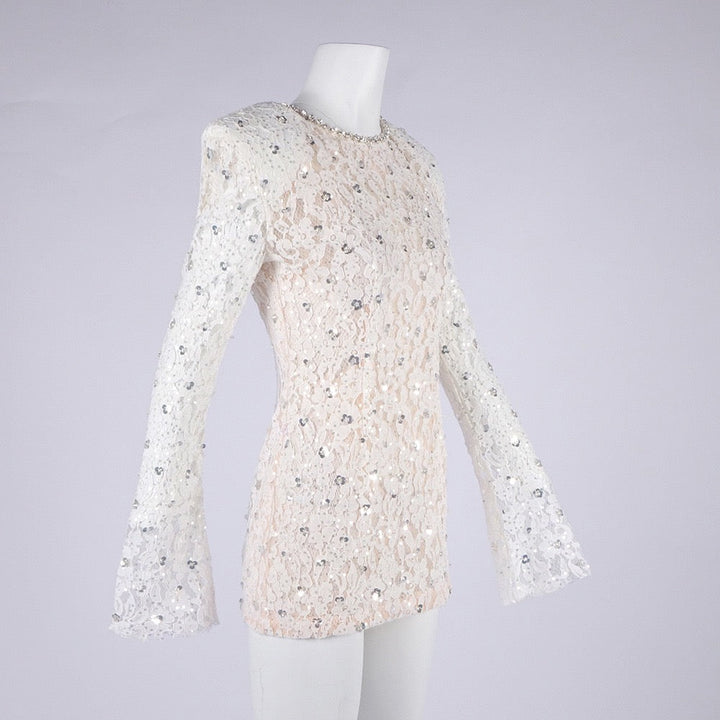 Lace mini dress with sequin and rhinestone embellishments and a chiffon train - MAXIMA