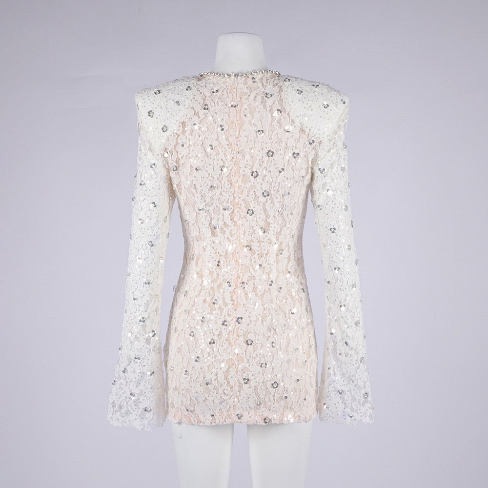 Lace mini dress with sequin and rhinestone embellishments and a chiffon train - MAXIMA
