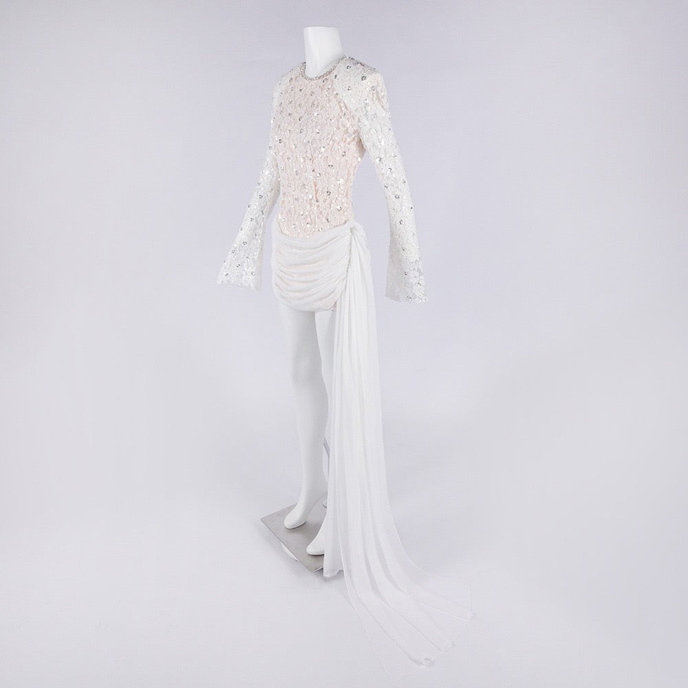 Lace mini dress with sequin and rhinestone embellishments and a chiffon train - MAXIMA
