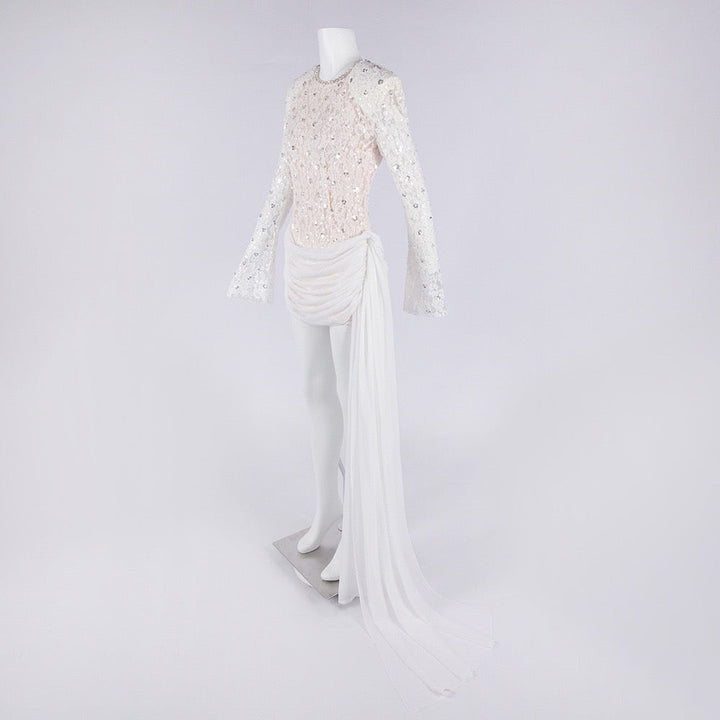 Lace mini dress with sequin and rhinestone embellishments and a chiffon train - MAXIMA