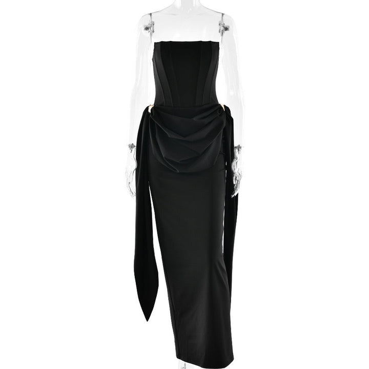 Strapless maxi dress with corset design and pleats decorated with tassels - Fleece