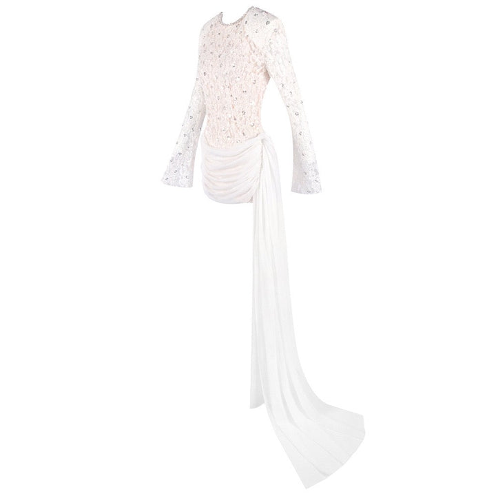 Lace mini dress with sequin and rhinestone embellishments and a chiffon train - MAXIMA