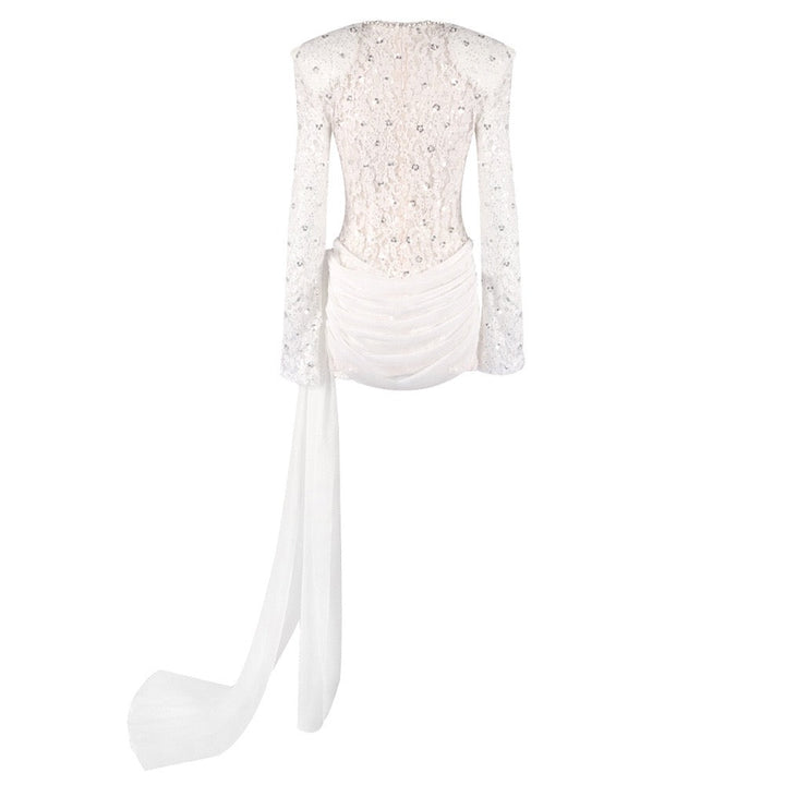 Lace mini dress with sequin and rhinestone embellishments and a chiffon train - MAXIMA