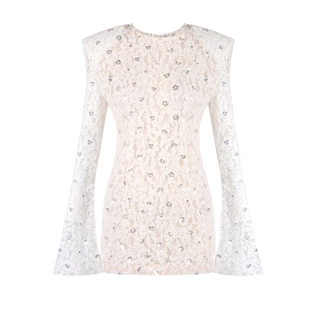 Lace mini dress with sequin and rhinestone embellishments and a chiffon train - MAXIMA
