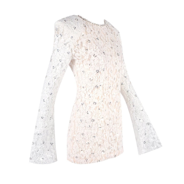 Lace mini dress with sequin and rhinestone embellishments and a chiffon train - MAXIMA