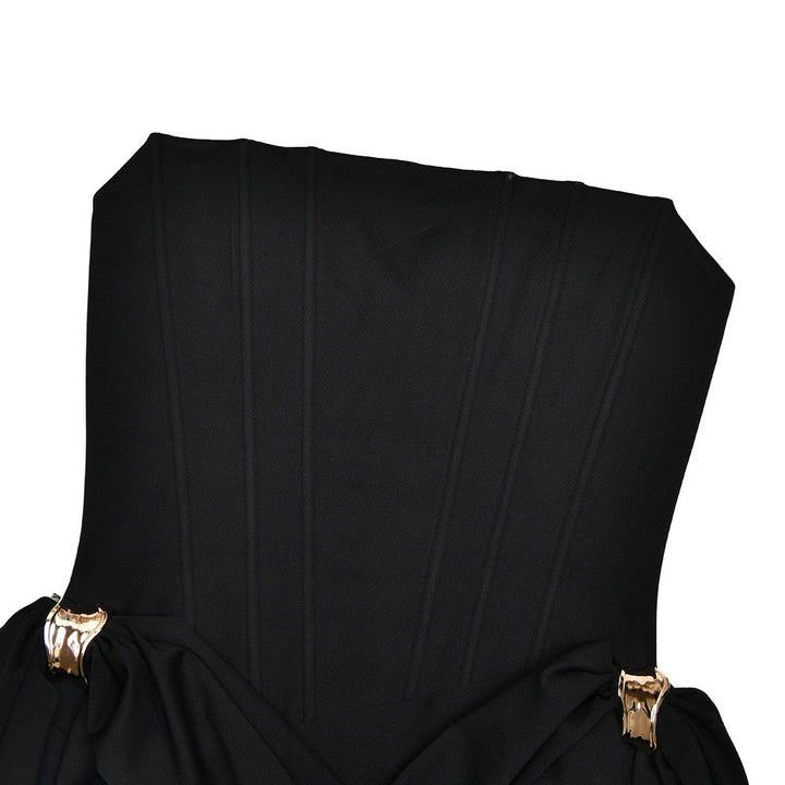 Strapless maxi dress with corset design and pleats decorated with tassels - Fleece