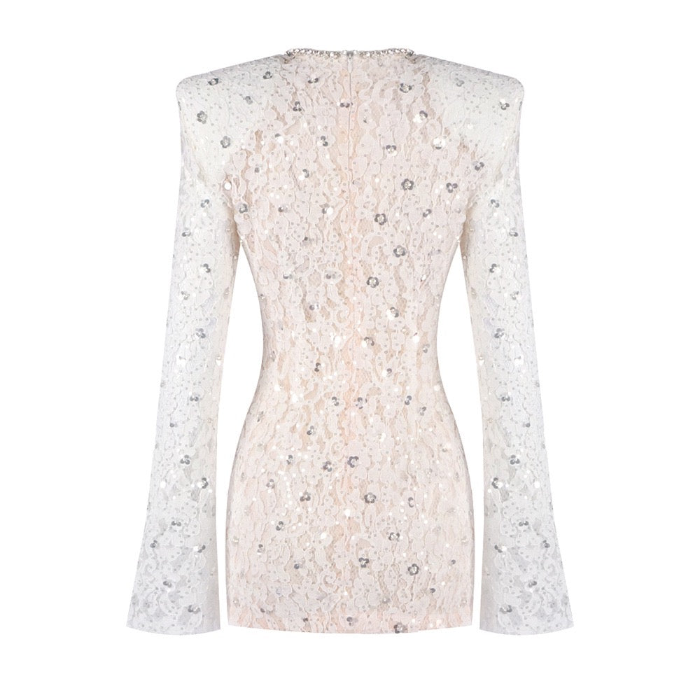 Lace mini dress with sequin and rhinestone embellishments and a chiffon train - MAXIMA