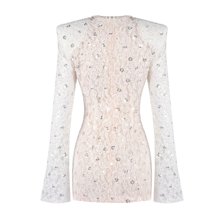 Lace mini dress with sequin and rhinestone embellishments and a chiffon train - MAXIMA