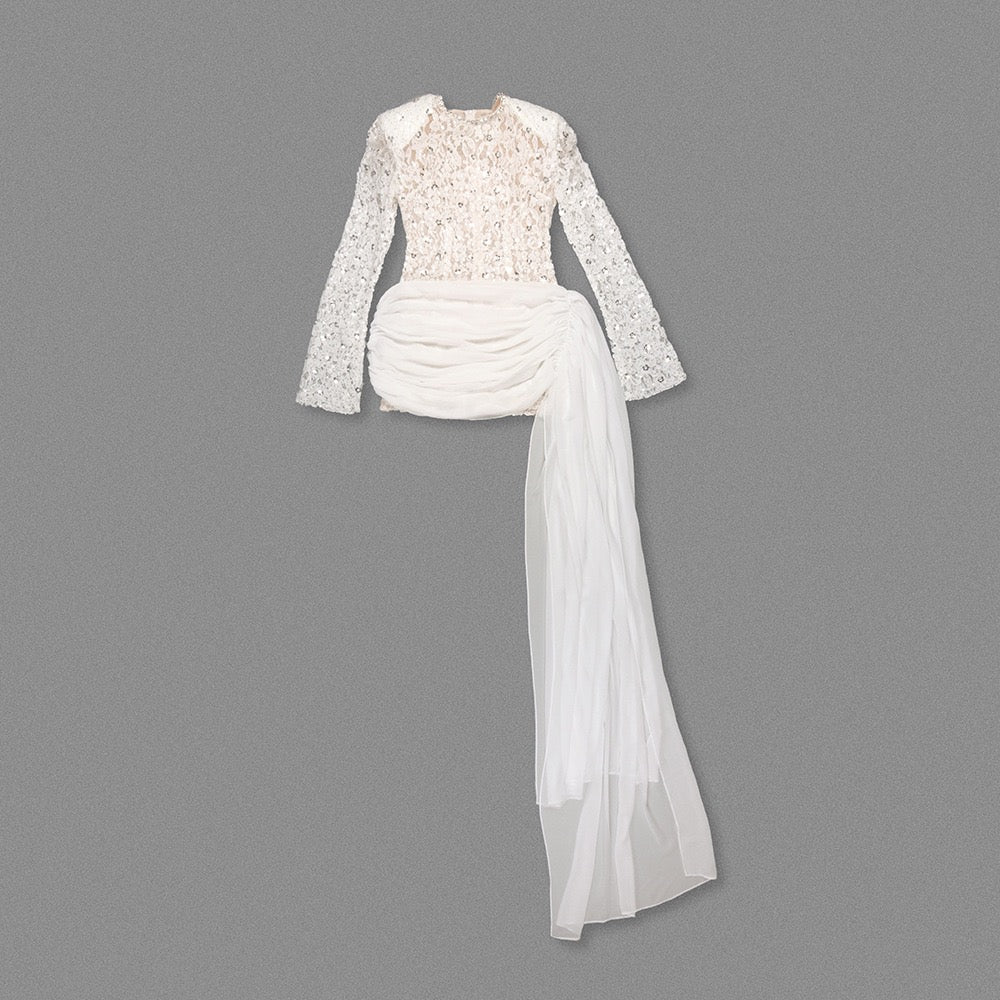 Lace mini dress with sequin and rhinestone embellishments and a chiffon train - MAXIMA