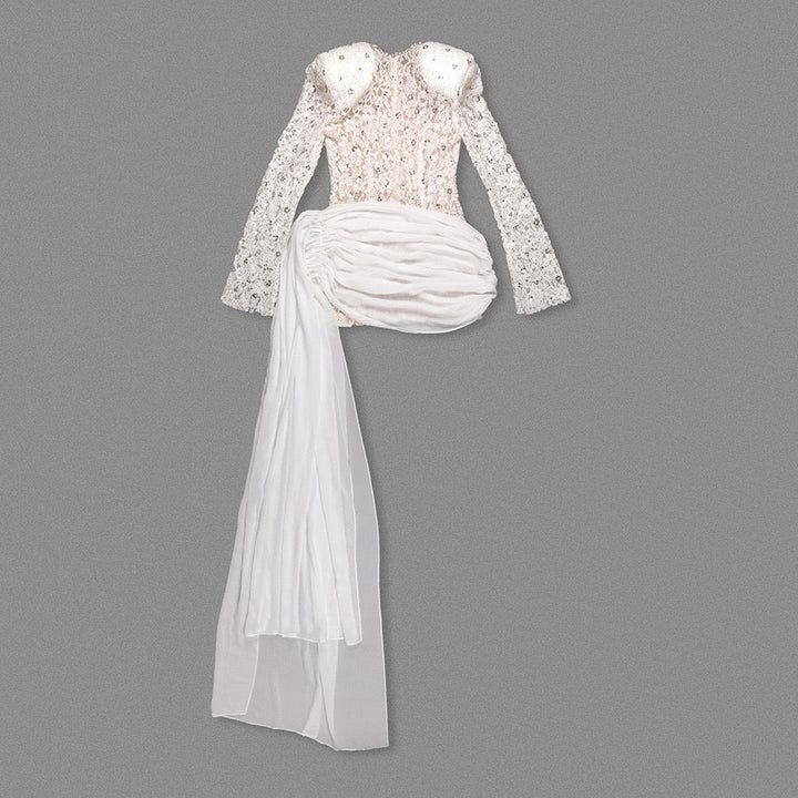 Lace mini dress with sequin and rhinestone embellishments and a chiffon train - MAXIMA