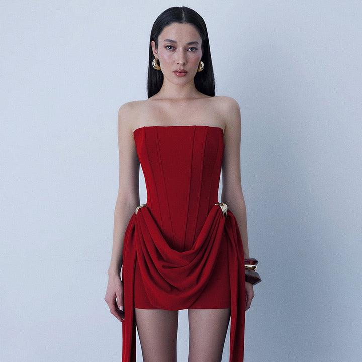 Strapless mini dress with corset design and pleats decorated with tassels - Julie