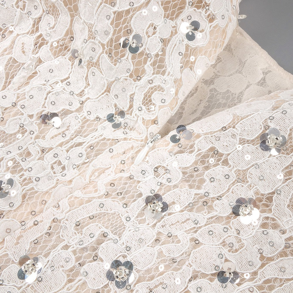 Lace mini dress with sequin and rhinestone embellishments and a chiffon train - MAXIMA