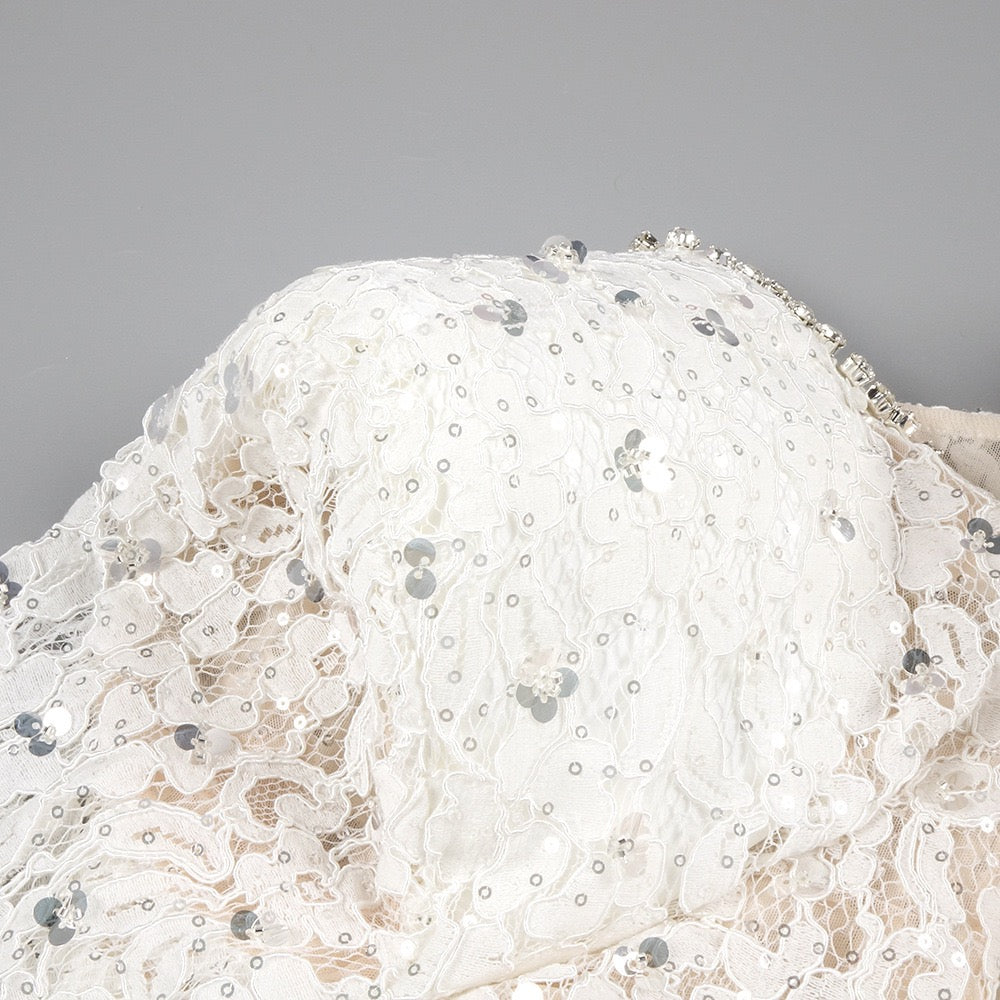 Lace mini dress with sequin and rhinestone embellishments and a chiffon train - MAXIMA