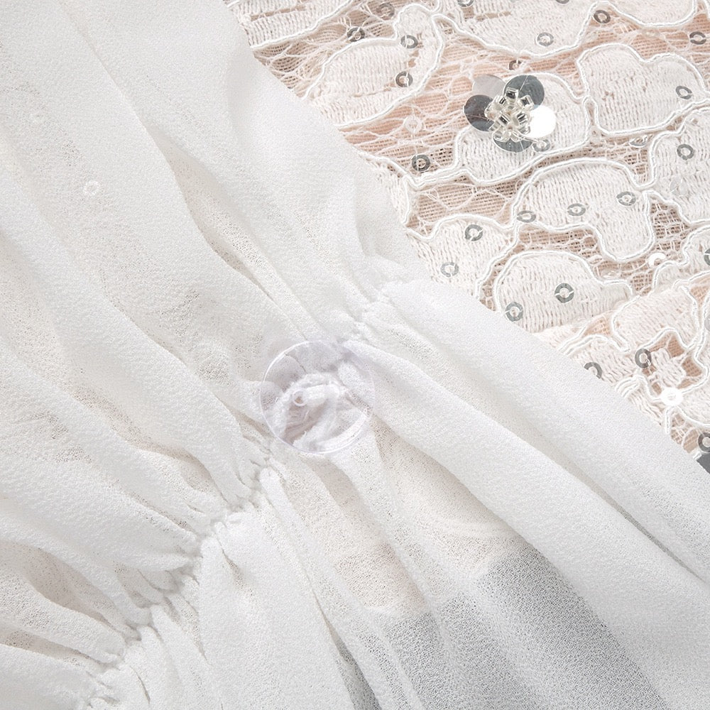Lace mini dress with sequin and rhinestone embellishments and a chiffon train - MAXIMA