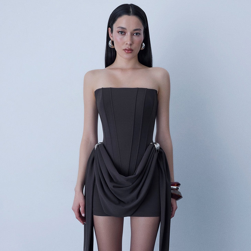 Strapless mini dress with corset design and pleats decorated with tassels - Julie