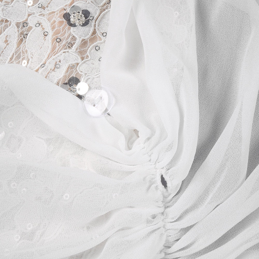 Lace mini dress with sequin and rhinestone embellishments and a chiffon train - MAXIMA