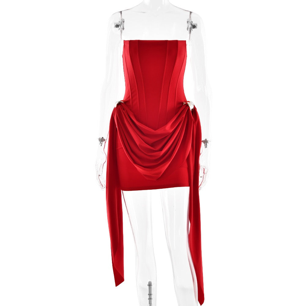 Strapless mini dress with corset design and pleats decorated with tassels - Julie