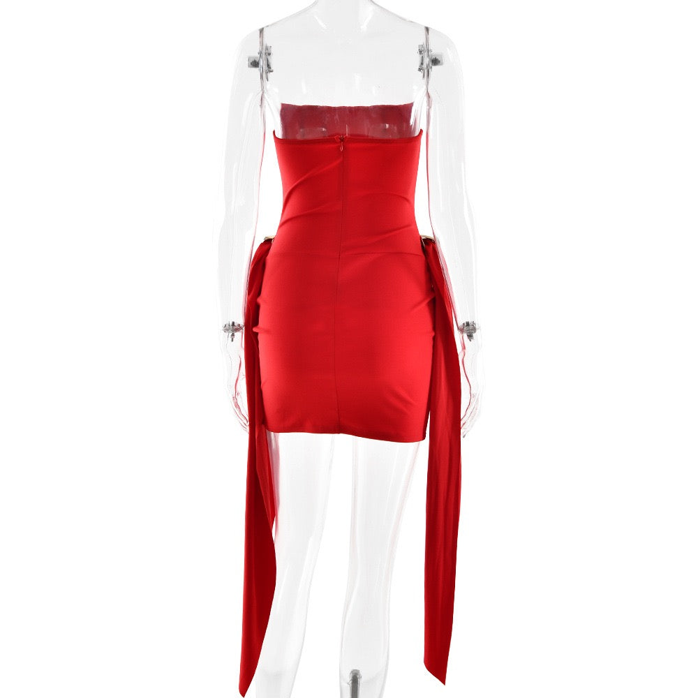 Strapless mini dress with corset design and pleats decorated with tassels - Julie