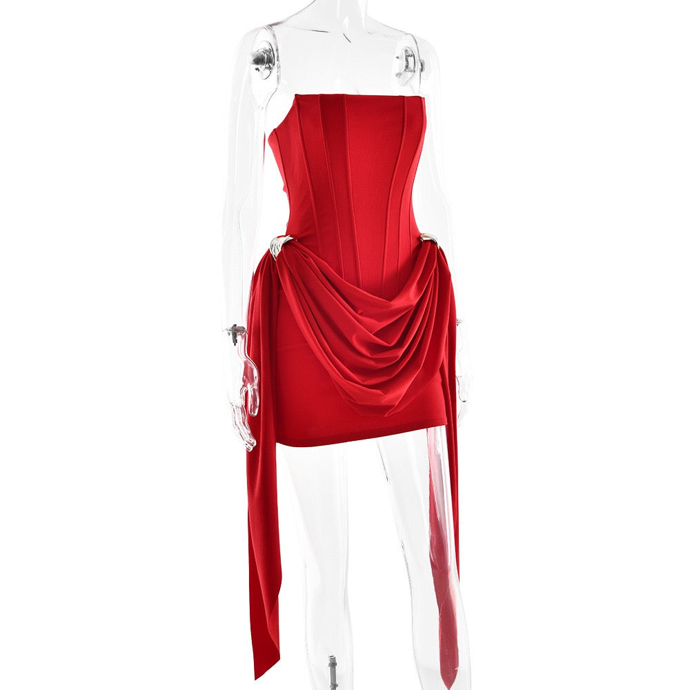 Strapless mini dress with corset design and pleats decorated with tassels - Julie