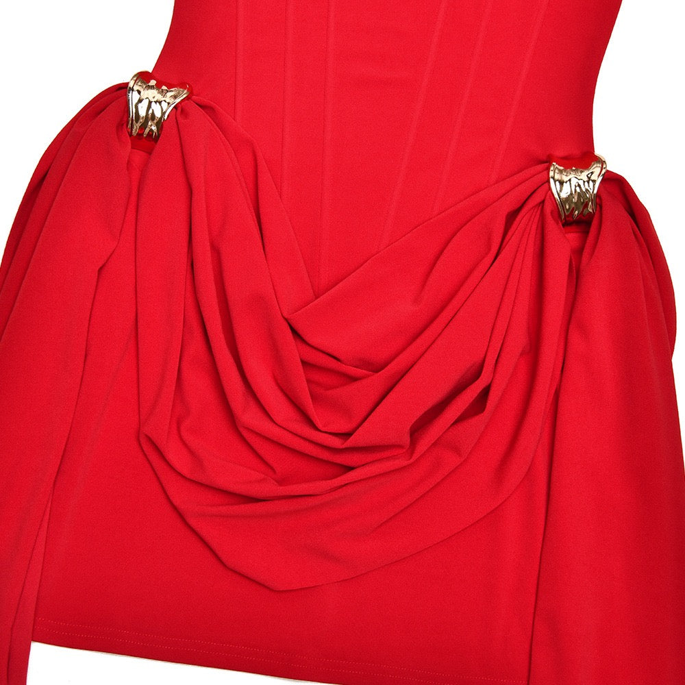 Strapless mini dress with corset design and pleats decorated with tassels - Julie