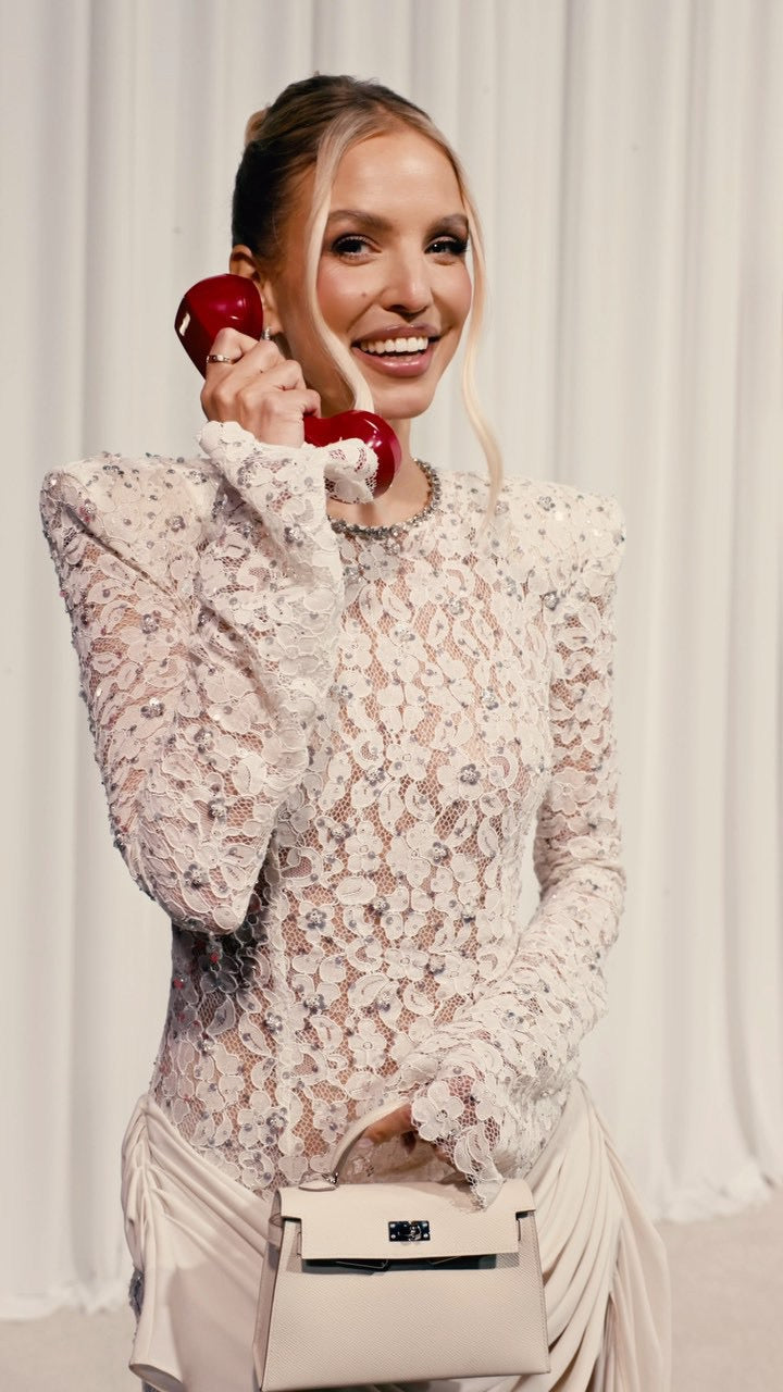 Lace mini dress with sequin and rhinestone embellishments and a chiffon train - MAXIMA