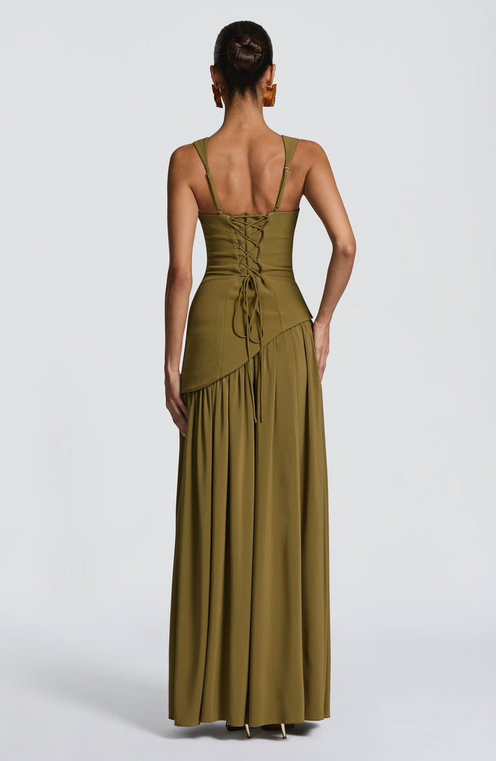 Maxi dress with a tie-back design for fastening at the waist and chiffon with a slit and veil decoration - Tova
