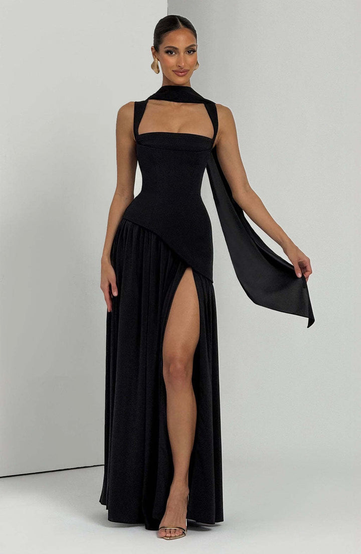 Maxi dress with a tie-back design for fastening at the waist and chiffon with a slit and veil decoration - Tova