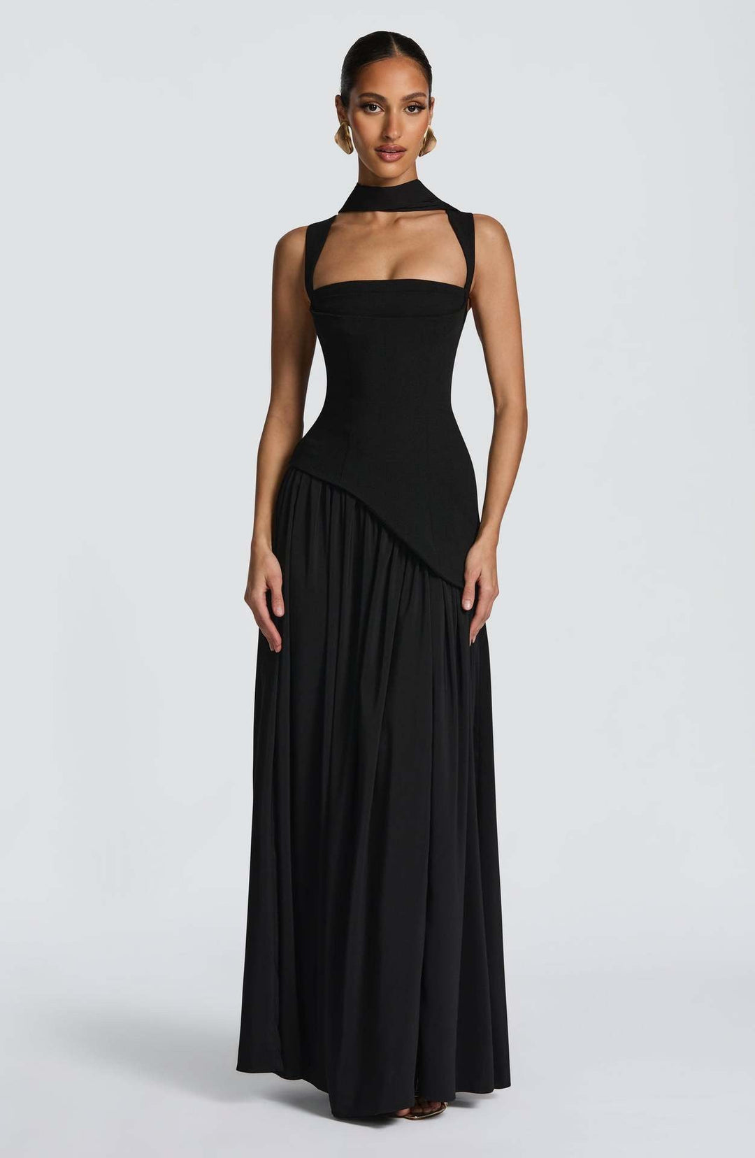 Maxi dress with a tie-back design for fastening at the waist and chiffon with a slit and veil decoration - Tova